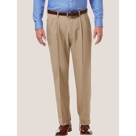 NWT Savane Elastic Comfort Waist Dress Khaki Pleated Cuffed Pants Men 40x32 (B5) - Picture 1 of 11